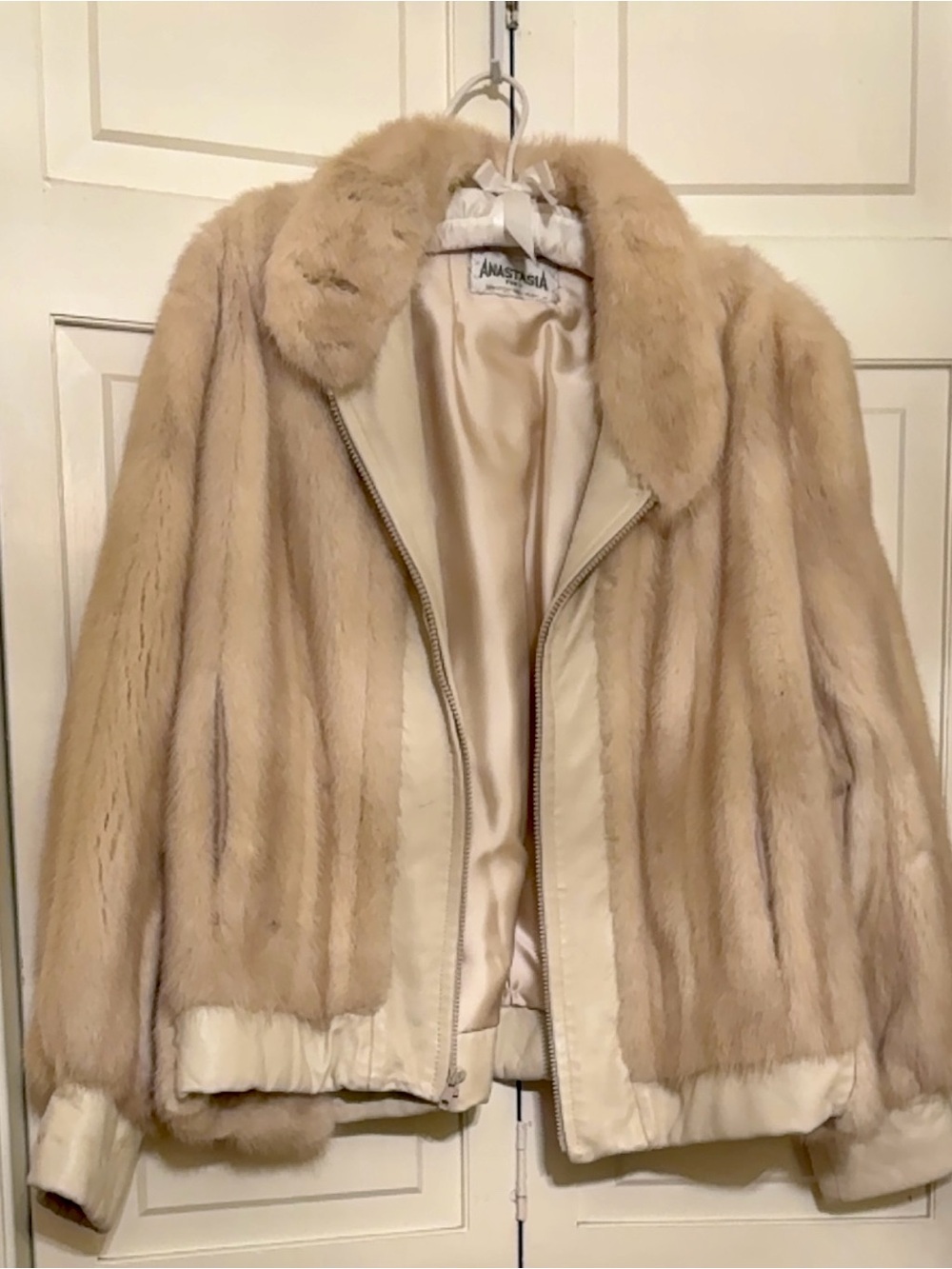 Anastasia Beige Cream Mink Fur Jacket - Plush Collar Zip Front